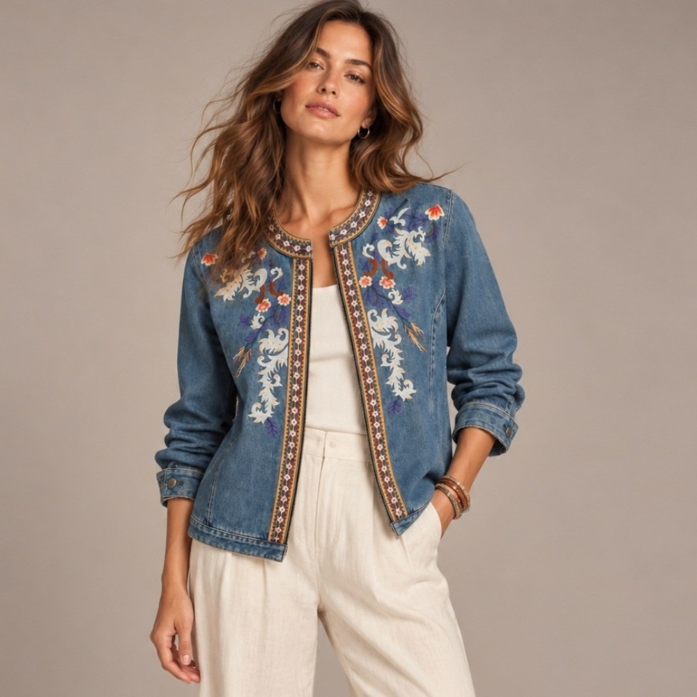 Chico's Embroidered Denim Jacket Size 2 Large Floral Boho Open Front Cardigan